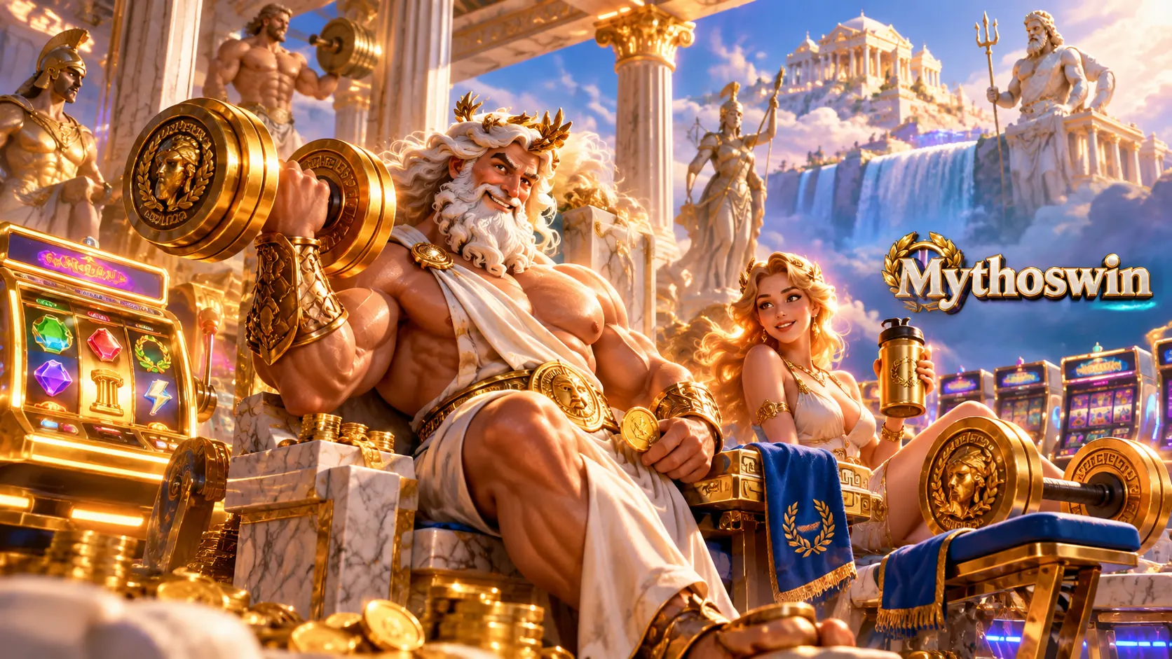 Mythoswin welcome bonus — Zeus with golden treasure