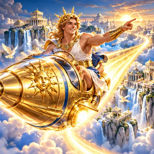 Apollo riding a golden rocket over Olympus